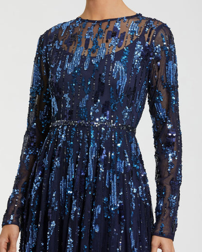 Mac Duggal Navy Long Sleeve Sequin Embellished Gown