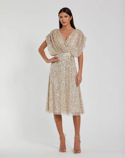 Mac Duggal Beige Sequin Draped Sleeve V-Neck Midi Dress