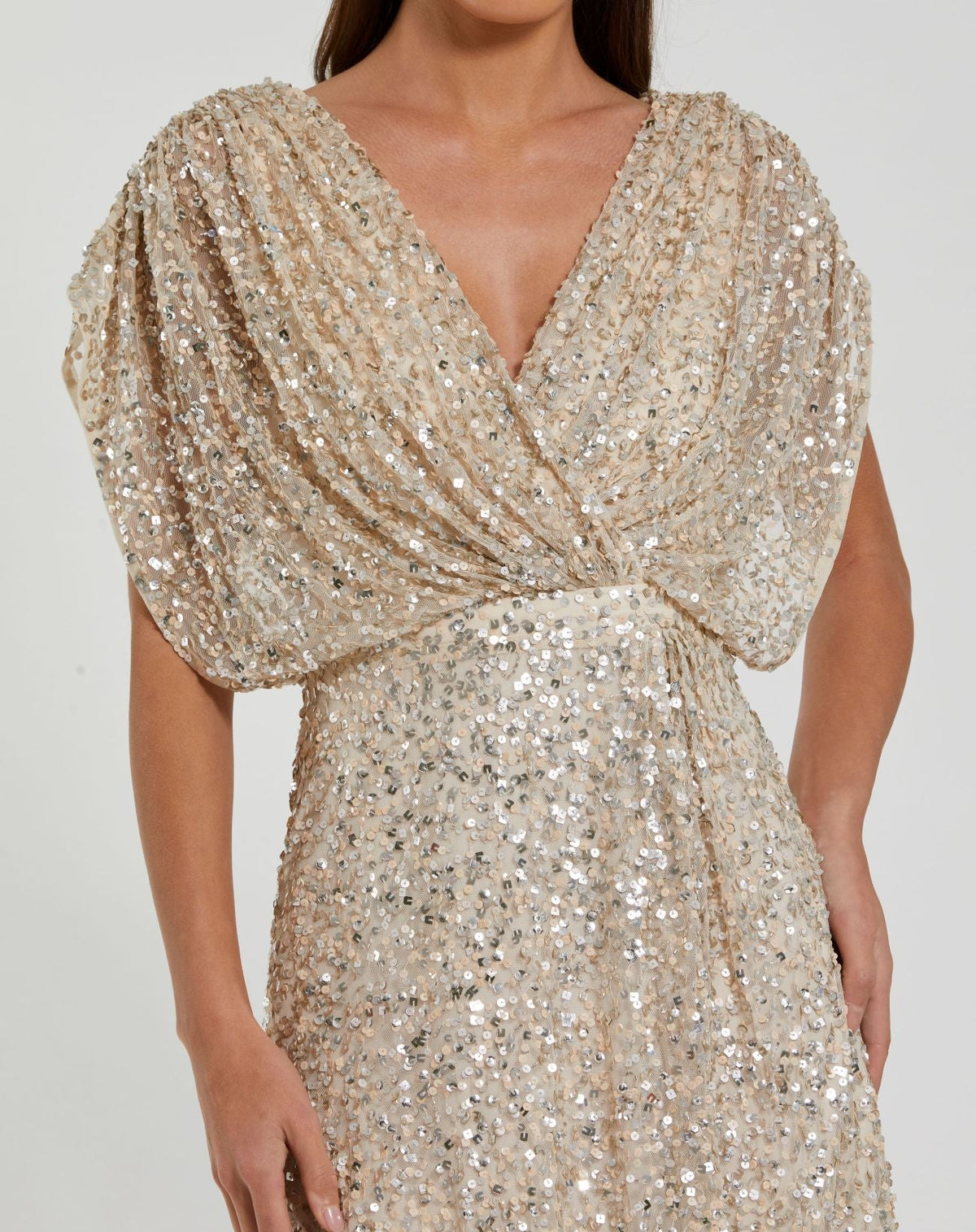 Mac Duggal Beige Sequin Draped Sleeve V-Neck Midi Dress