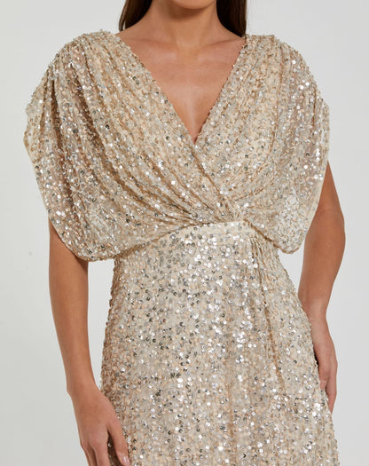 Mac Duggal Beige Sequin Draped Sleeve V-Neck Midi Dress