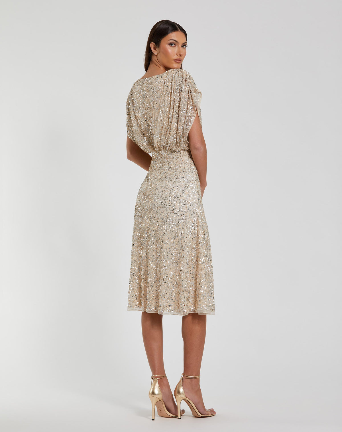Mac Duggal Beige Sequin Draped Sleeve V-Neck Midi Dress