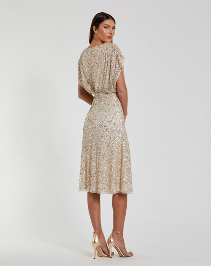 Mac Duggal Beige Sequin Draped Sleeve V-Neck Midi Dress