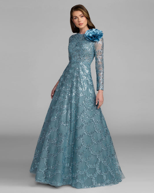Mac Duggal Blue Embellished Floral Appliqué Ball Gown