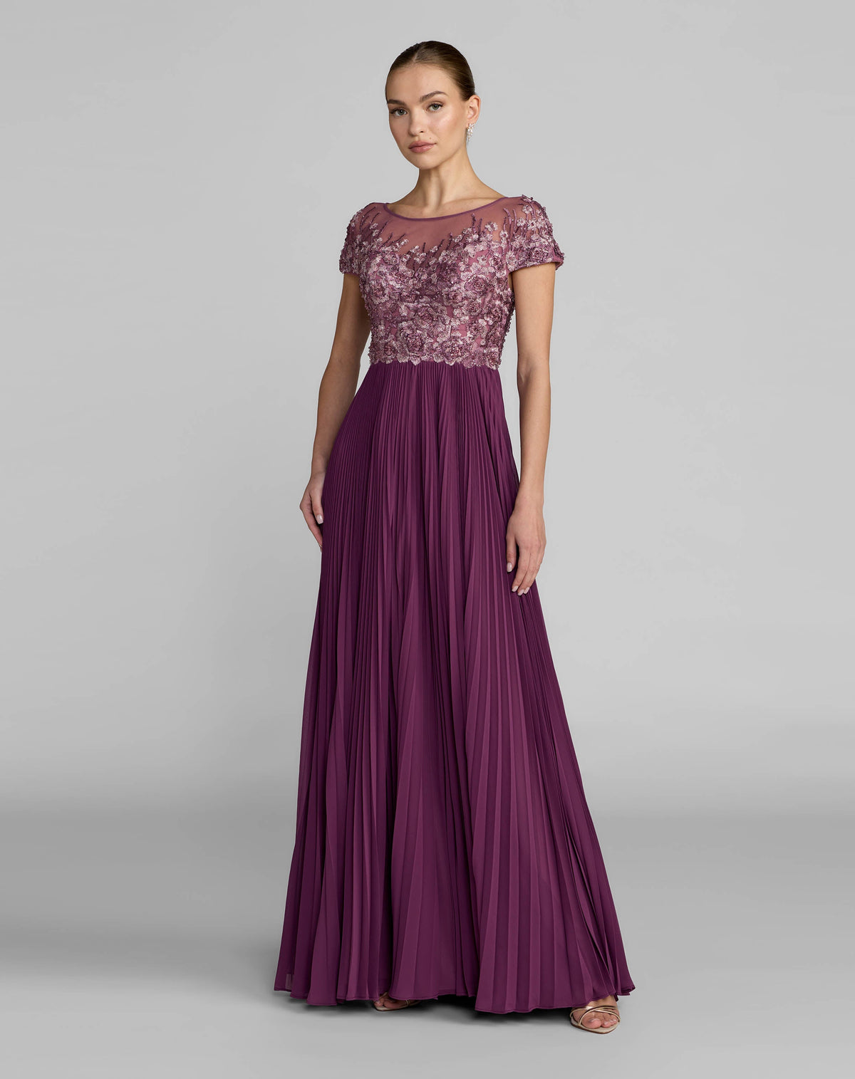 Mac Duggal Purple Embroidered Cap Sleeve Pleated Gown