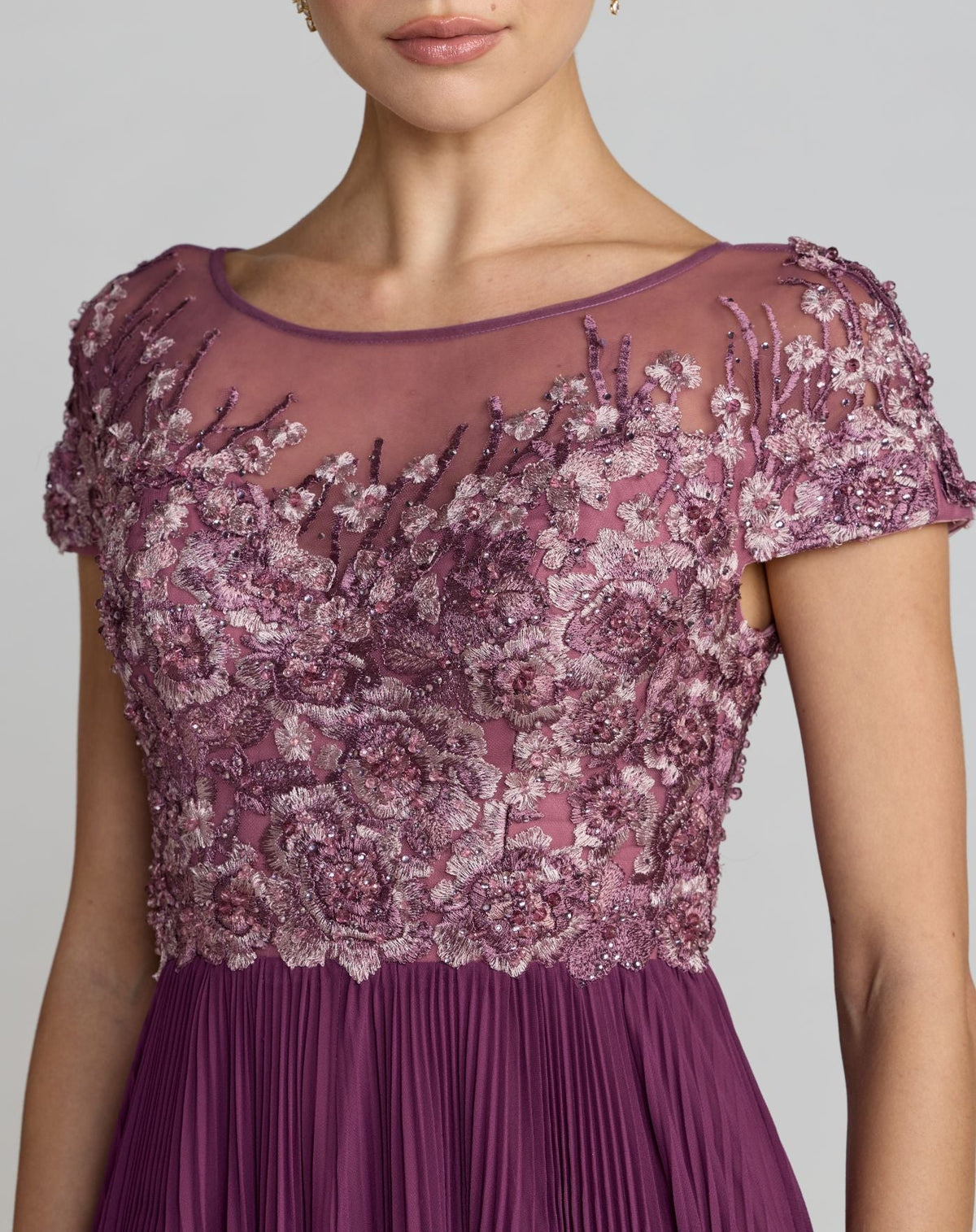 Mac Duggal Purple Embroidered Cap Sleeve Pleated Gown
