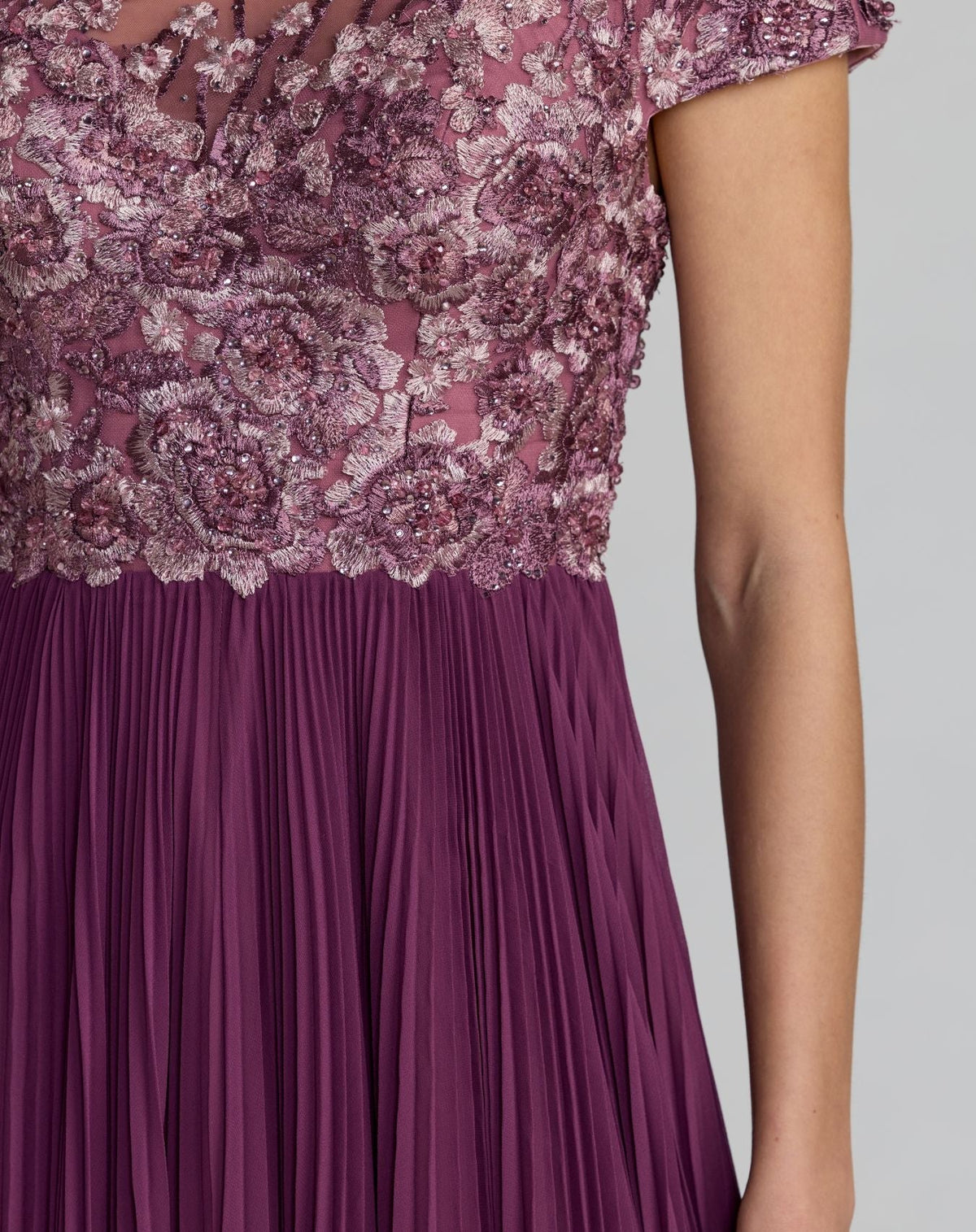 Mac Duggal Purple Embroidered Cap Sleeve Pleated Gown