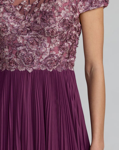 Mac Duggal Purple Embroidered Cap Sleeve Pleated Gown