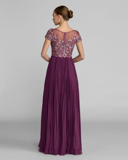 Mac Duggal Purple Embroidered Cap Sleeve Pleated Gown