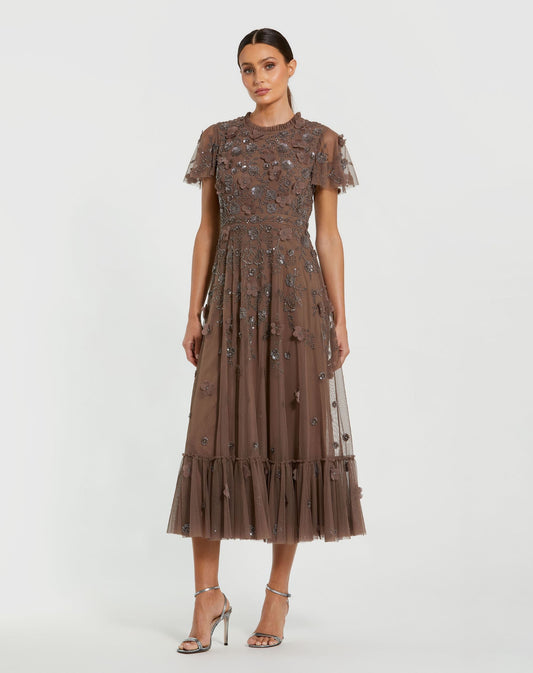 Mac Duggal Brown Embellished High Neck Flutter Sleeve A Line Dress