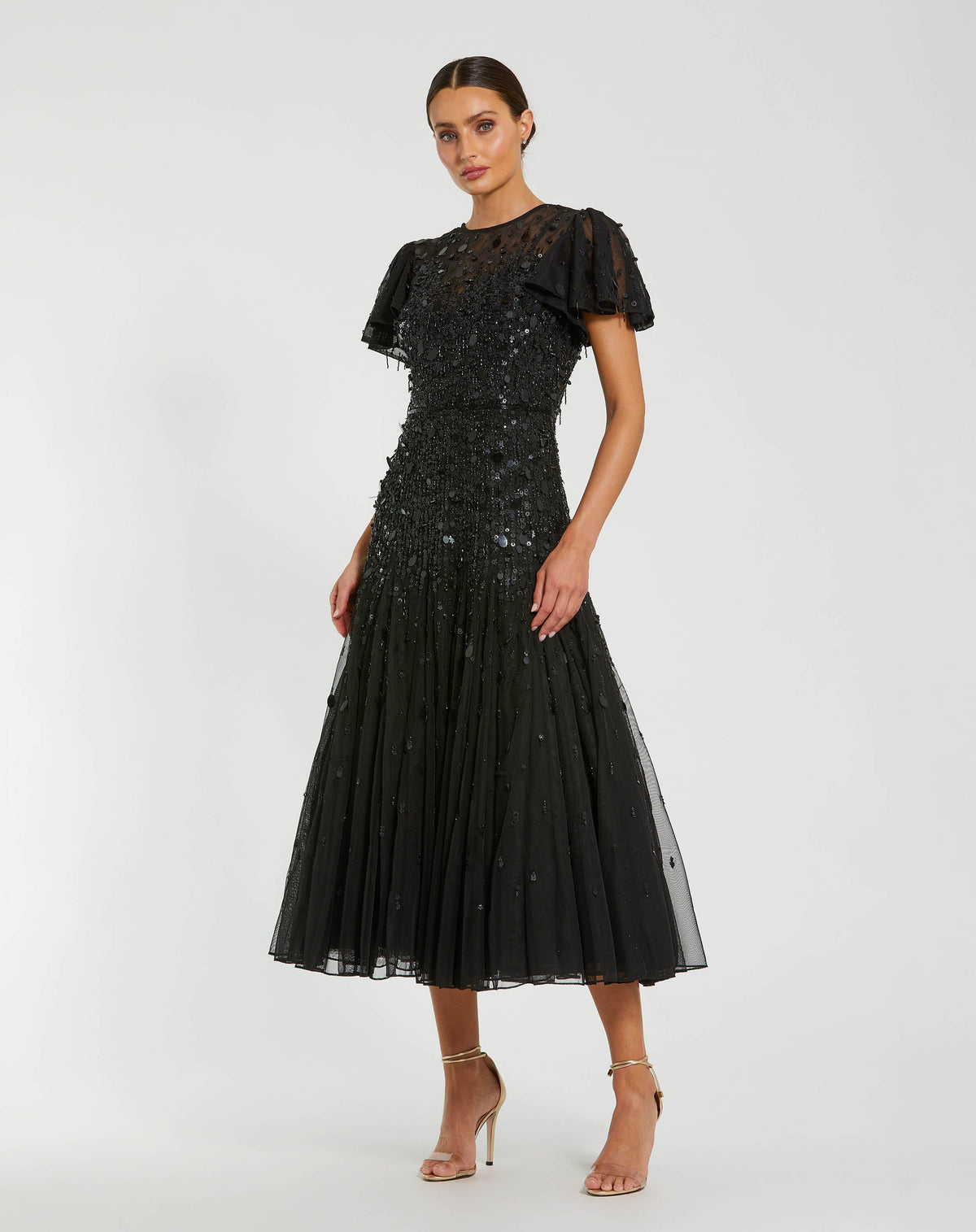 Mac Duggal Black High Neck Flutter Sleeve Embellished Midi Dress