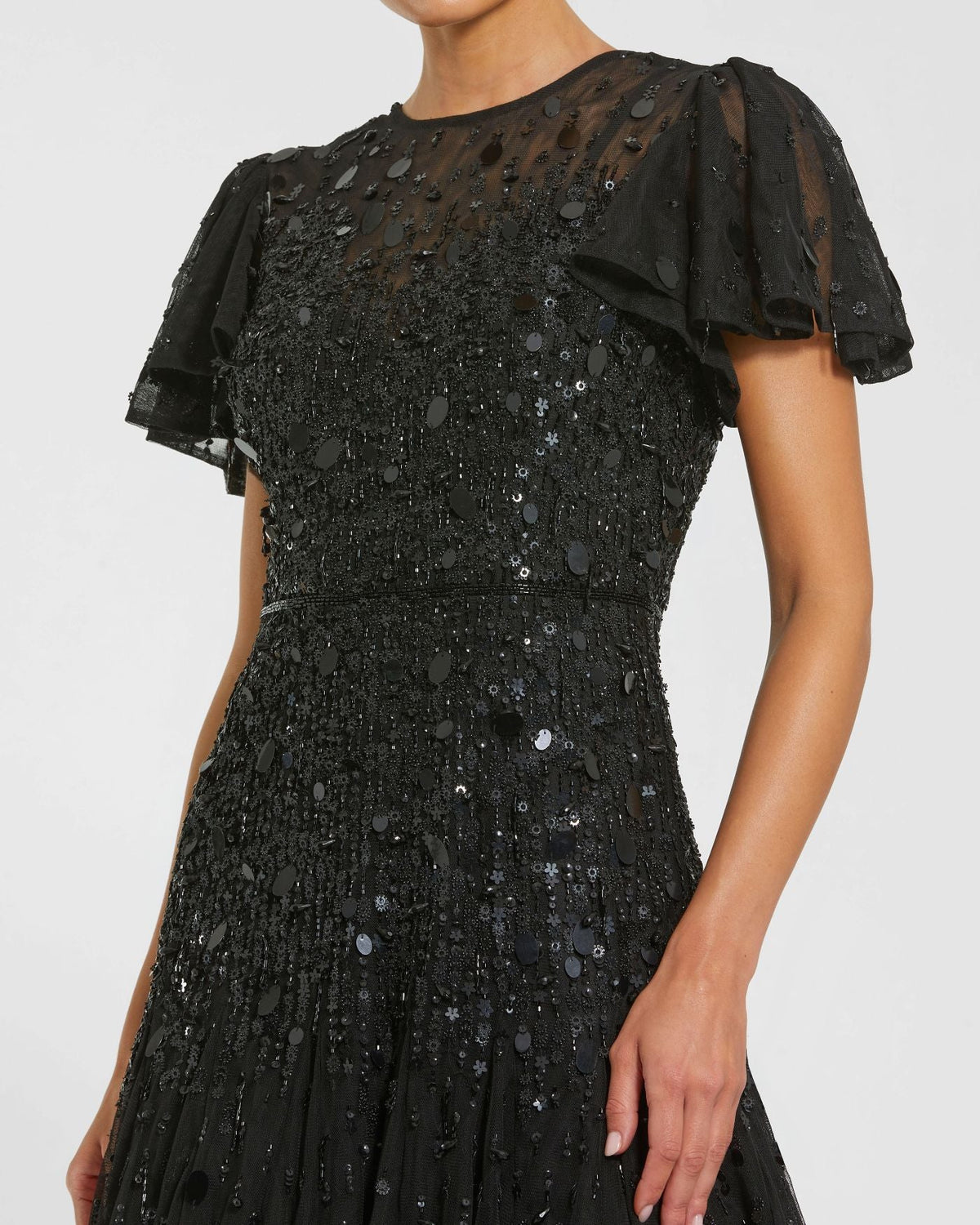 Mac Duggal Black High Neck Flutter Sleeve Embellished Midi Dress