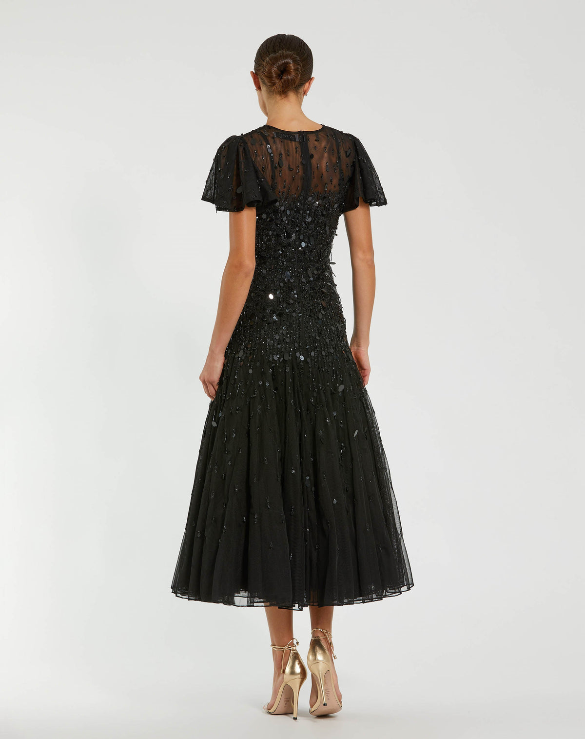 Mac Duggal Black High Neck Flutter Sleeve Embellished Midi Dress