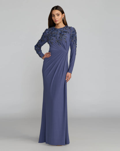 Mac Duggal Blue High Neck Long Sleeve Beaded Jersey Gown
