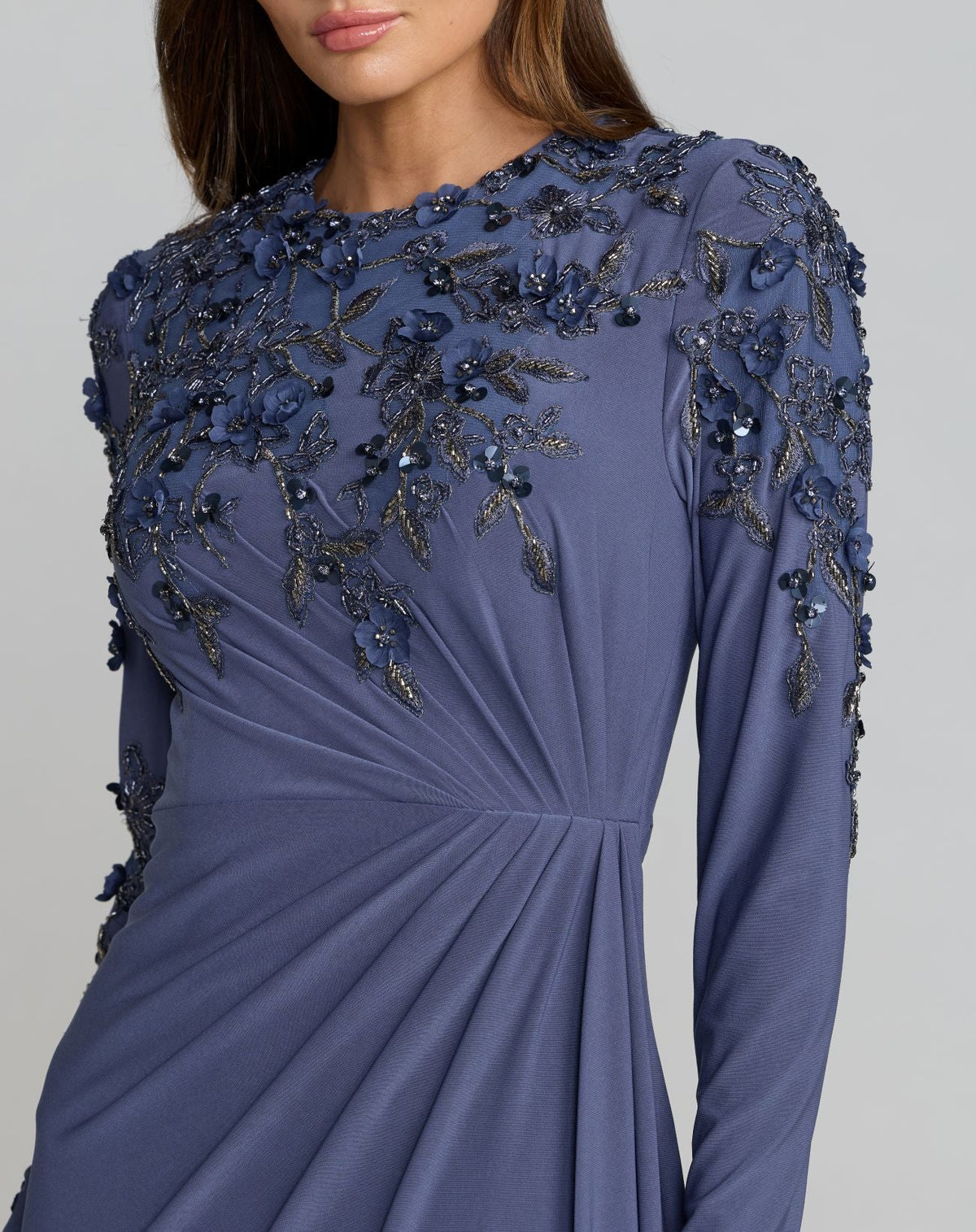 Mac Duggal Blue High Neck Long Sleeve Beaded Jersey Gown