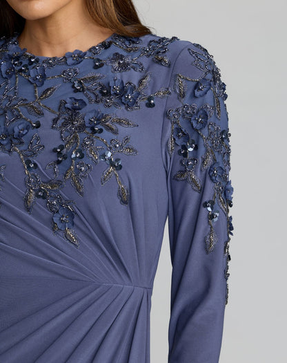 Mac Duggal Blue High Neck Long Sleeve Beaded Jersey Gown