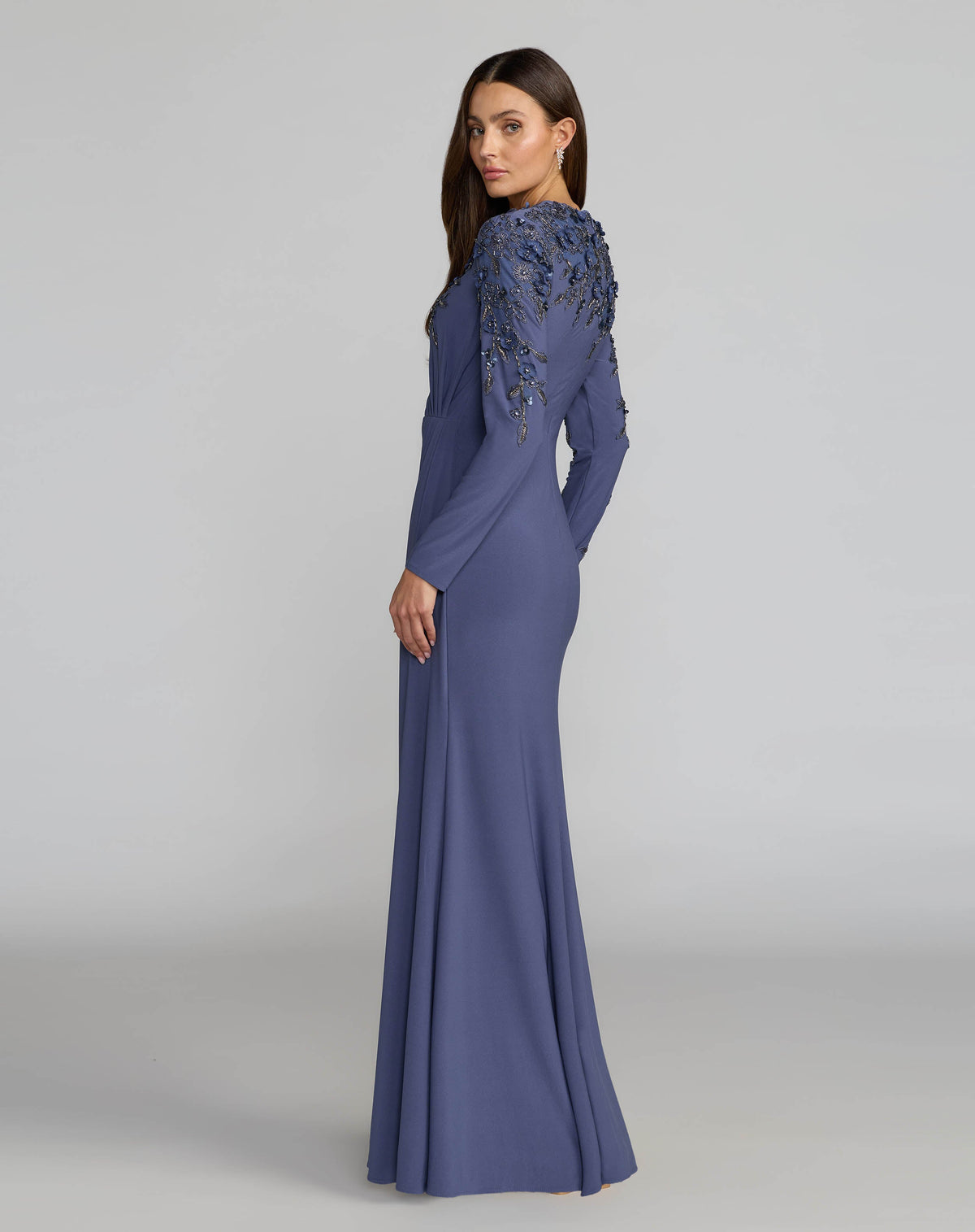 Mac Duggal Blue High Neck Long Sleeve Beaded Jersey Gown