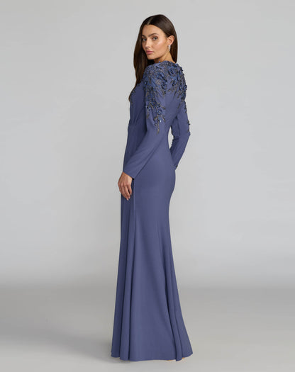 Mac Duggal Blue High Neck Long Sleeve Beaded Jersey Gown