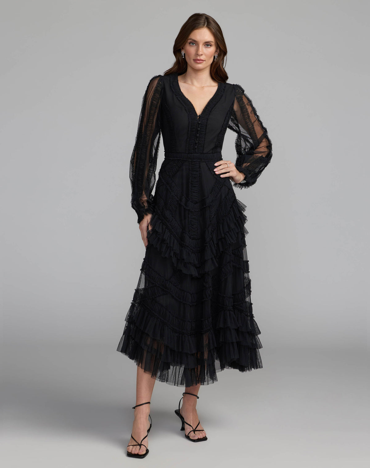 Mac Duggal Black Long Sleeve V-Neck Micro Ruffle Midi Dress