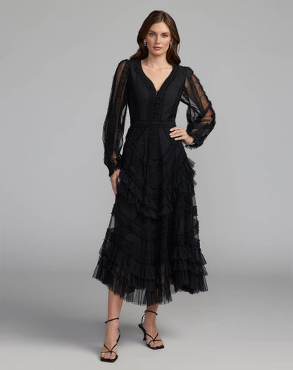Mac Duggal Black Long Sleeve V-Neck Micro Ruffle Midi Dress