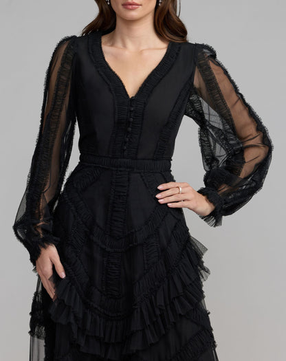 Mac Duggal Black Long Sleeve V-Neck Micro Ruffle Midi Dress