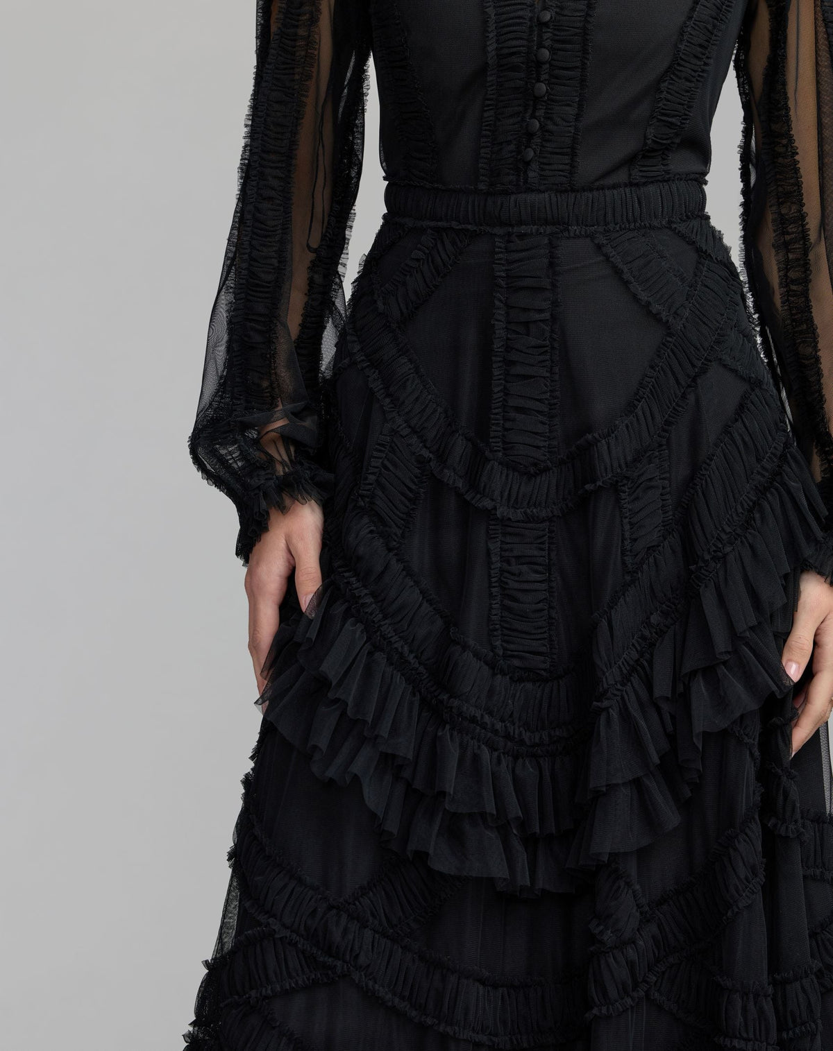 Mac Duggal Black Long Sleeve V-Neck Micro Ruffle Midi Dress