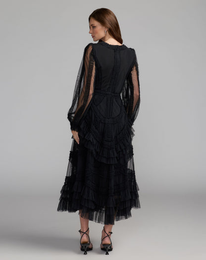 Mac Duggal Black Long Sleeve V-Neck Micro Ruffle Midi Dress