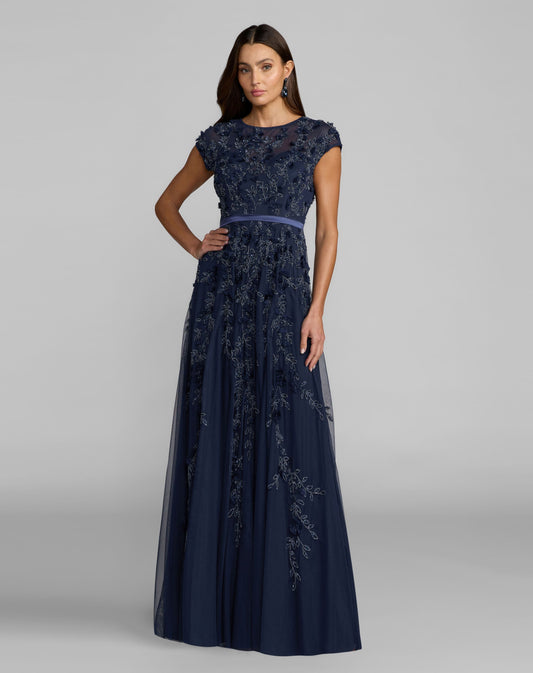 Mac Duggal Navy Floral Embellished Cap Sleeve Gown