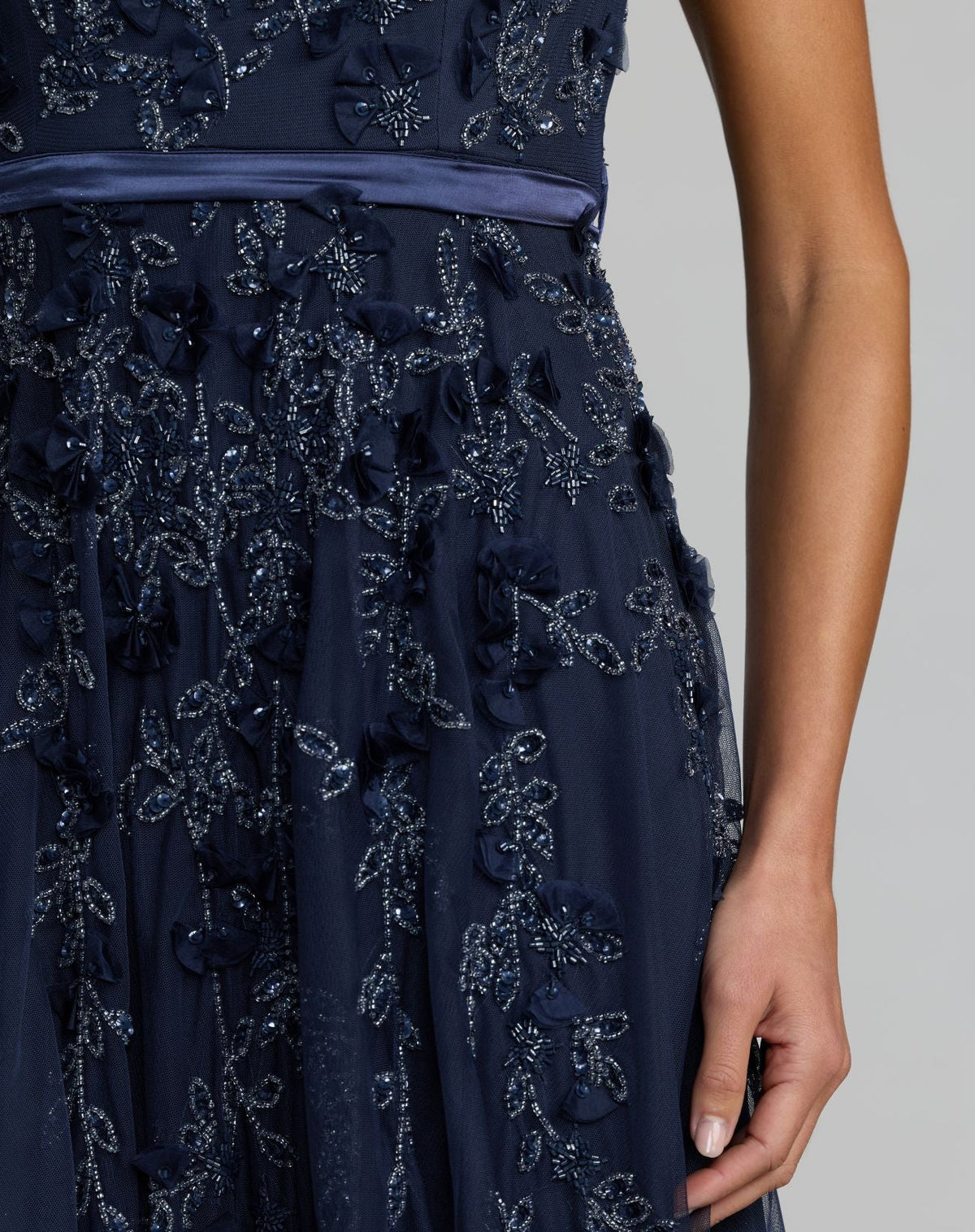 Mac Duggal Navy Floral Embellished Cap Sleeve Gown
