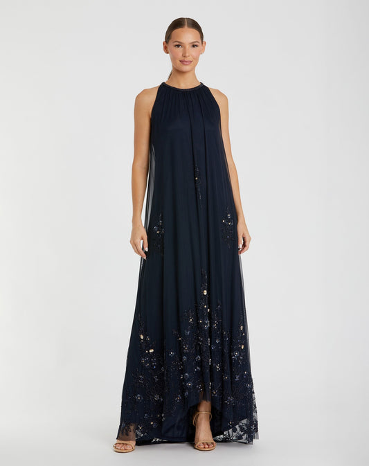 Mac Duggal Navy High Neck Floral Embellished Trapeze Gown
