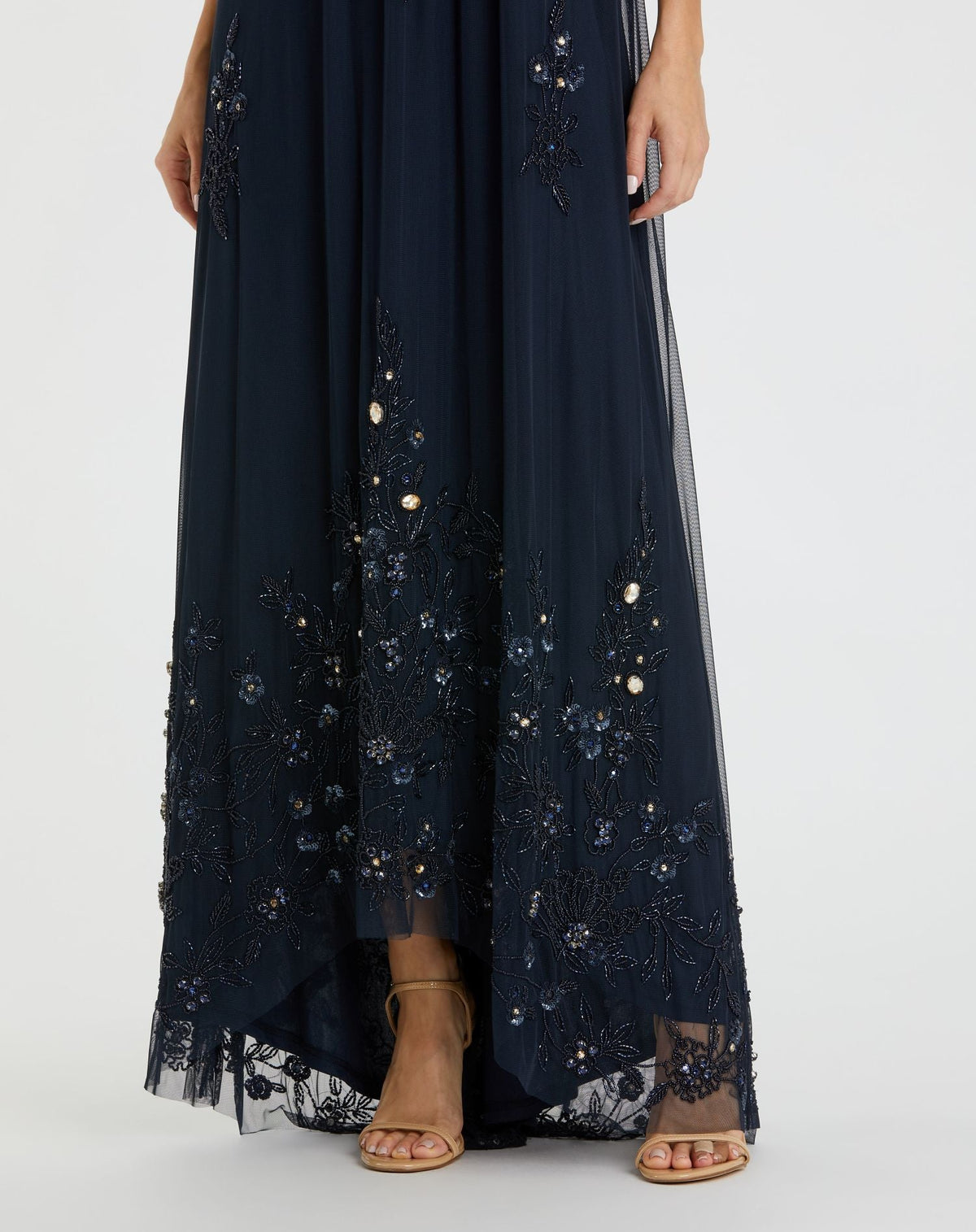 Mac Duggal Navy High Neck Floral Embellished Trapeze Gown