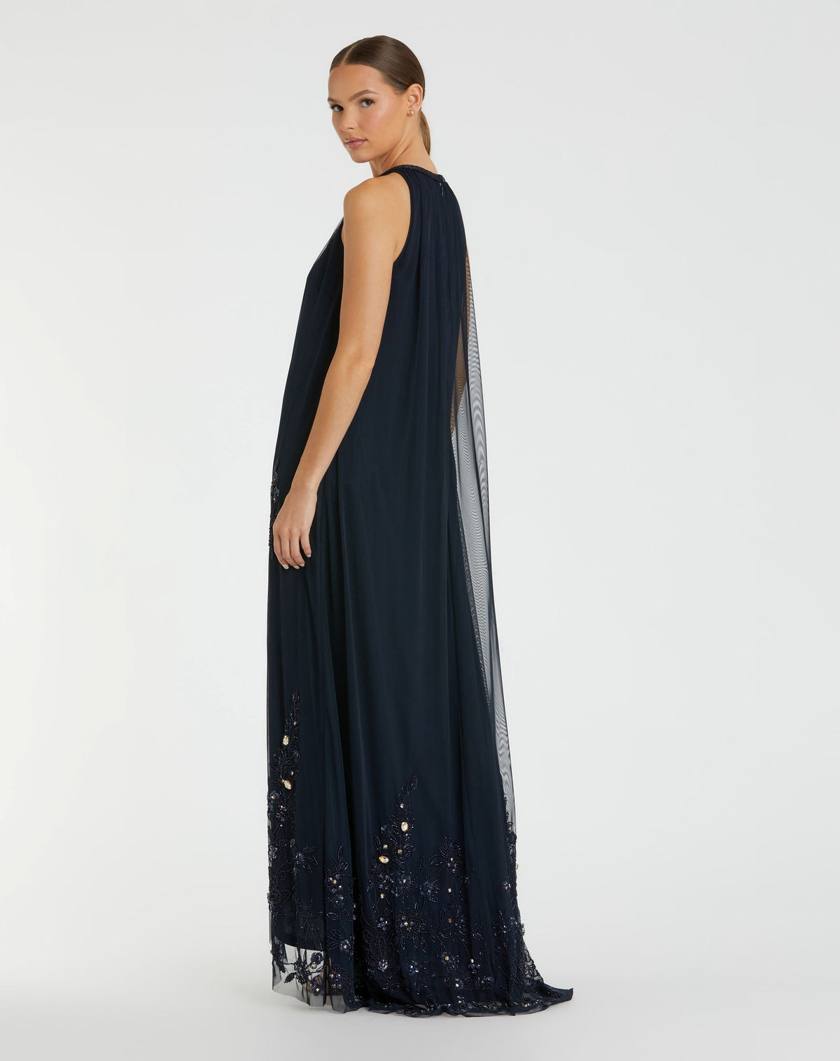 Mac Duggal Navy High Neck Floral Embellished Trapeze Gown