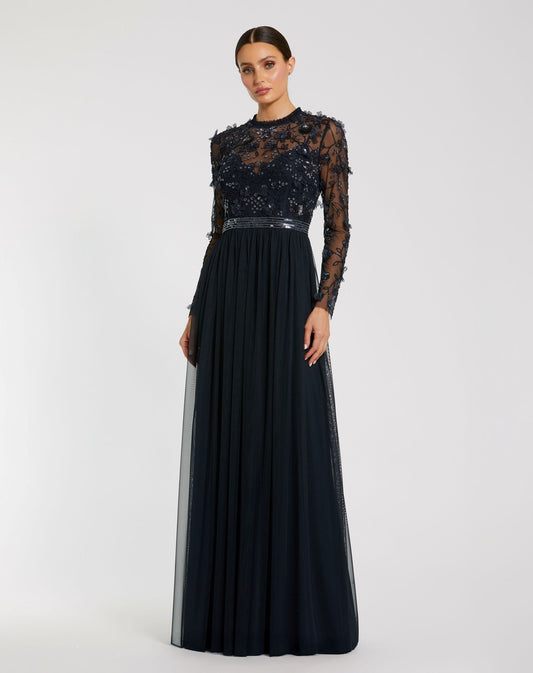 Mac Duggal Navy Embellished Illusion High Neck Long Sleeve Gown