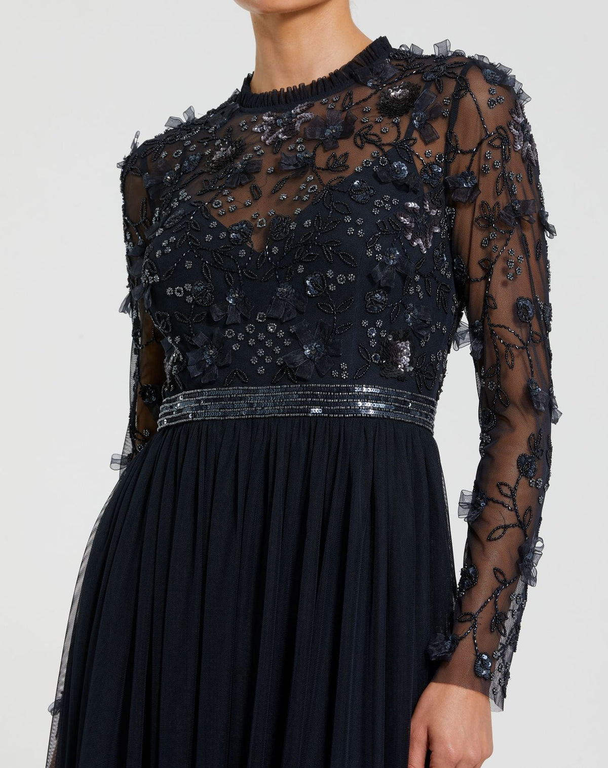 Mac Duggal Navy Embellished Illusion High Neck Long Sleeve Gown