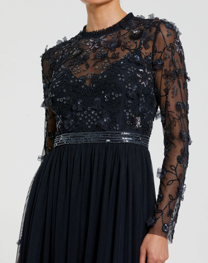Mac Duggal Navy Embellished Illusion High Neck Long Sleeve Gown