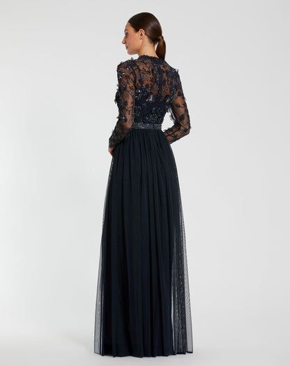 Mac Duggal Navy Embellished Illusion High Neck Long Sleeve Gown