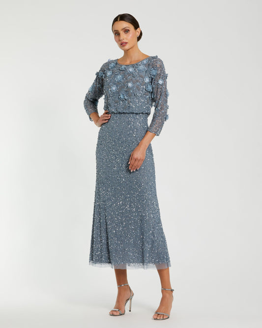 Mac Duggal Blue Floral Embellished Midi Dress With 3/4 Sleeves