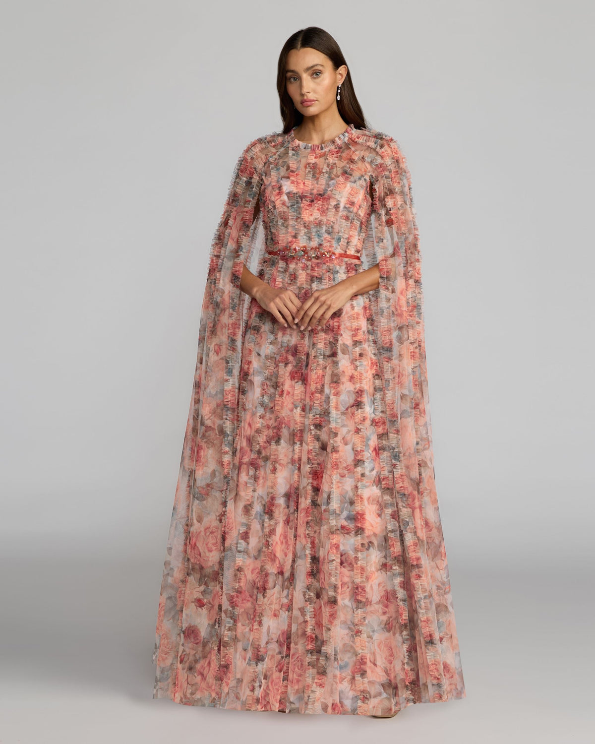 Mac Duggal Multicolor Floral High Neck Cape Sleeve Ruffle Gown