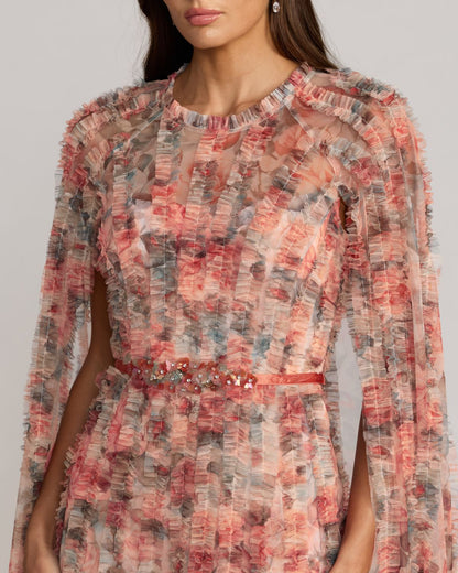 Mac Duggal Multicolor Floral High Neck Cape Sleeve Ruffle Gown