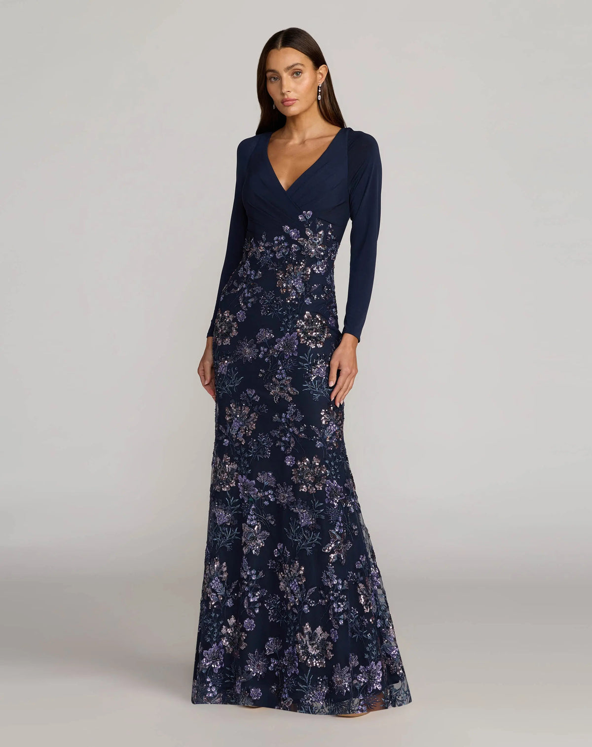 Mac Duggal Navy Floral Embroidered Jersey Long Sleeve Gown