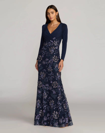 Mac Duggal Navy Floral Embroidered Jersey Long Sleeve Gown