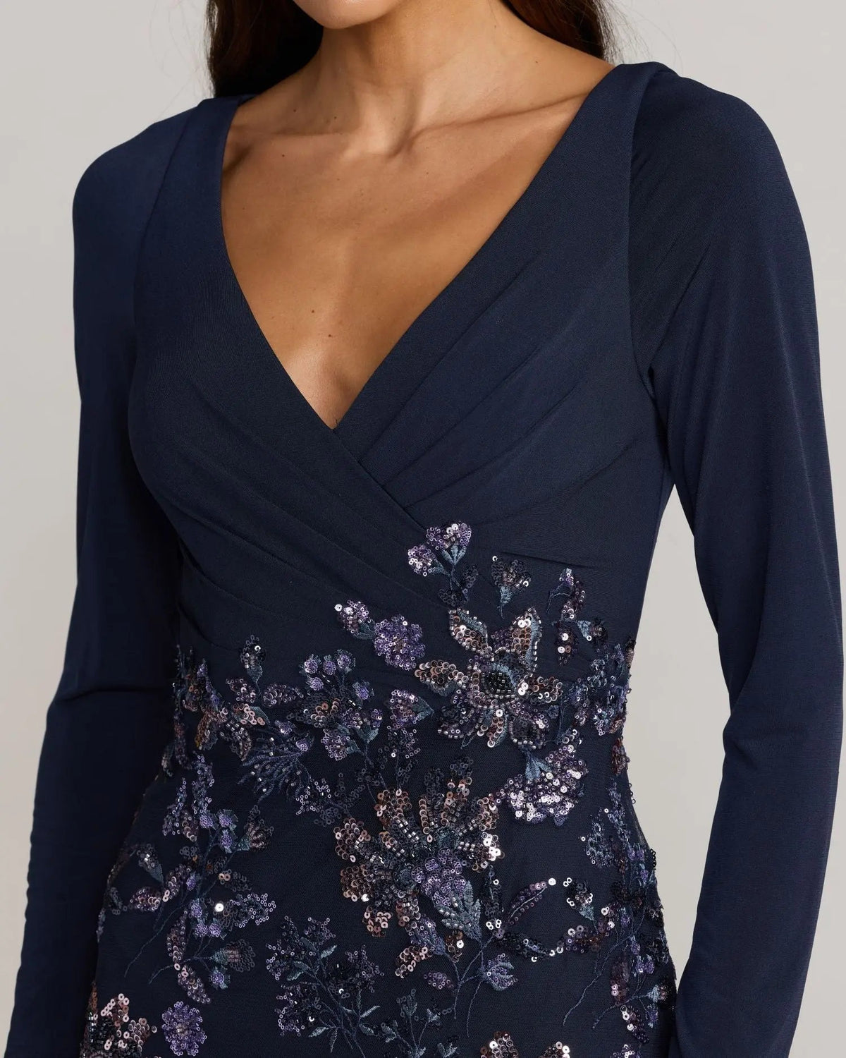 Mac Duggal Navy Floral Embroidered Jersey Long Sleeve Gown