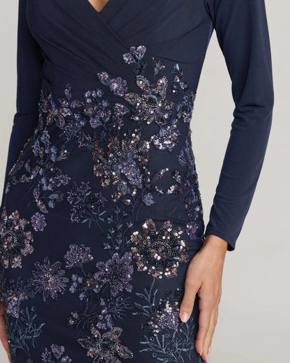 Mac Duggal Navy Floral Embroidered Jersey Long Sleeve Gown