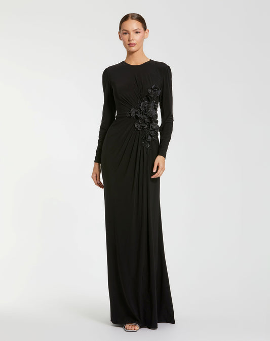 Mac Duggal Long Sleeve High Neck Floral Beaded Jersey Gown