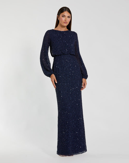 Mac Duggal Navy Sequin Blouson Long Sleeve Gown