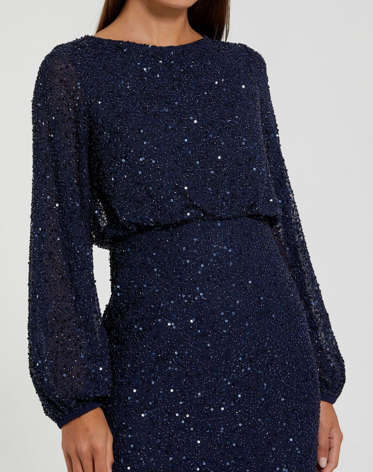 Mac Duggal Navy Sequin Blouson Long Sleeve Gown