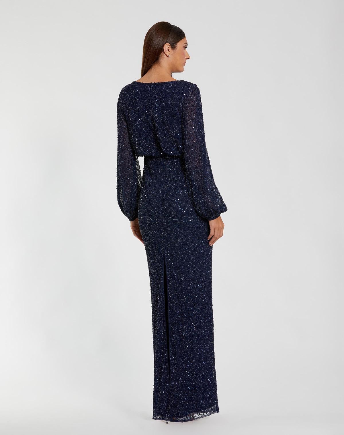 Mac Duggal Navy Sequin Blouson Long Sleeve Gown