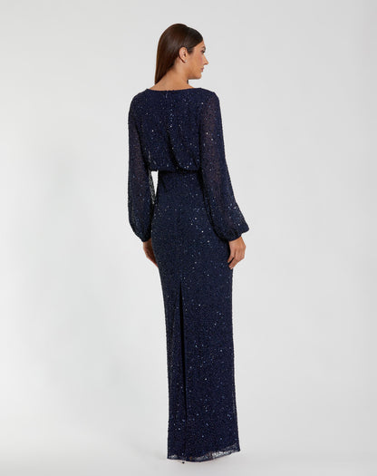 Mac Duggal Navy Sequin Blouson Long Sleeve Gown