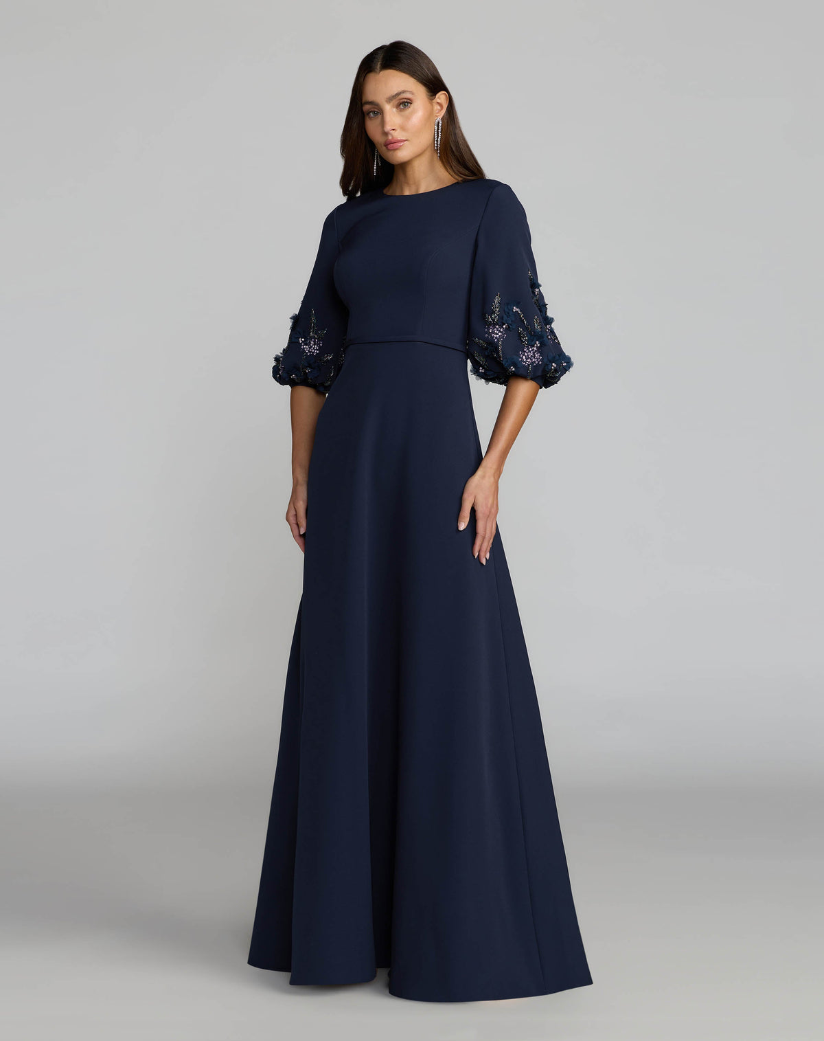 Mac Duggal Navy Crepe A Line Gown with Embellished Puff Sleeves
