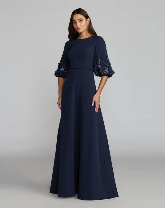 Mac Duggal Navy Crepe A Line Gown with Embellished Puff Sleeves