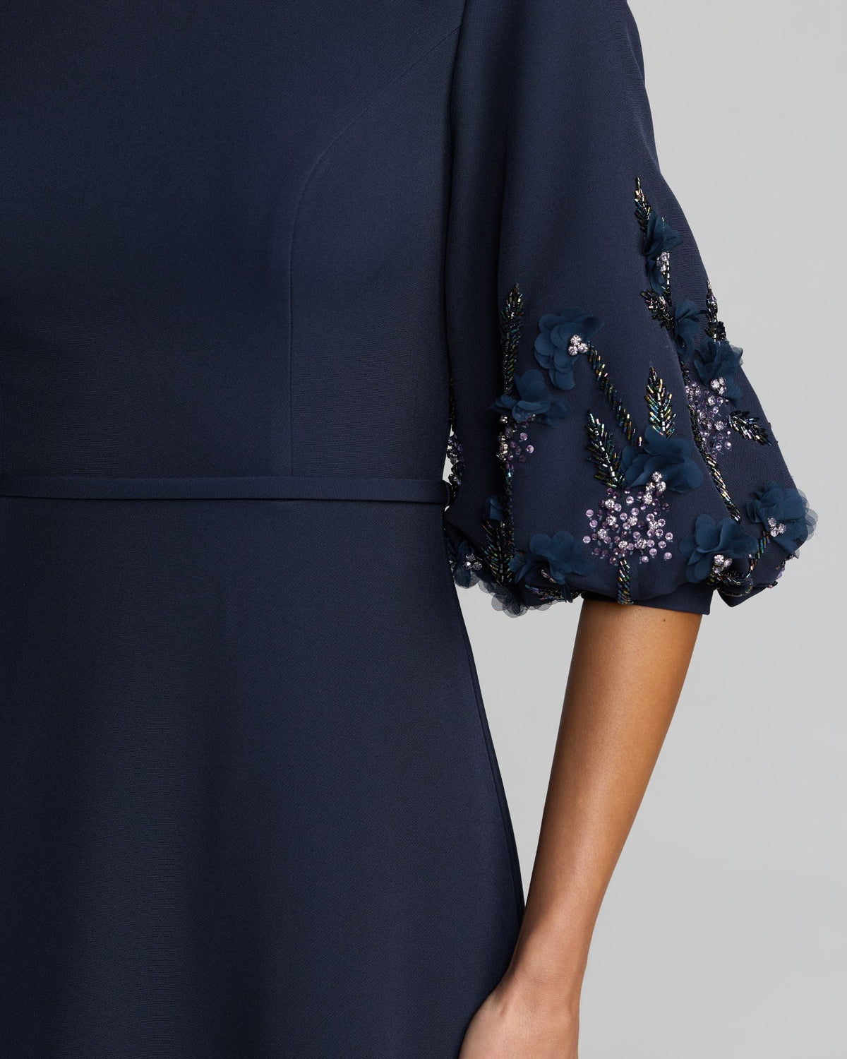 Mac Duggal Navy Crepe A Line Gown with Embellished Puff Sleeves